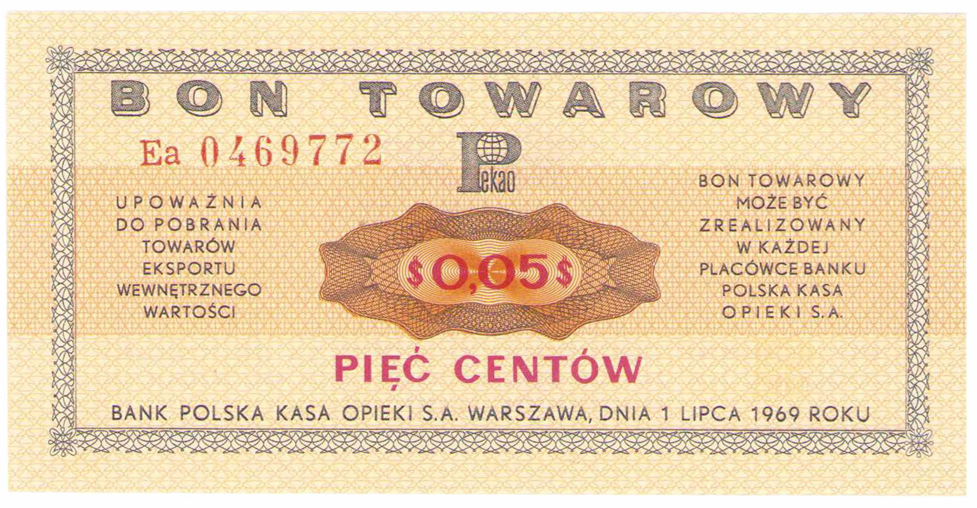 Bon towarowy PEKAO na 5 centów 1969 seria Ea – PIĘKNY