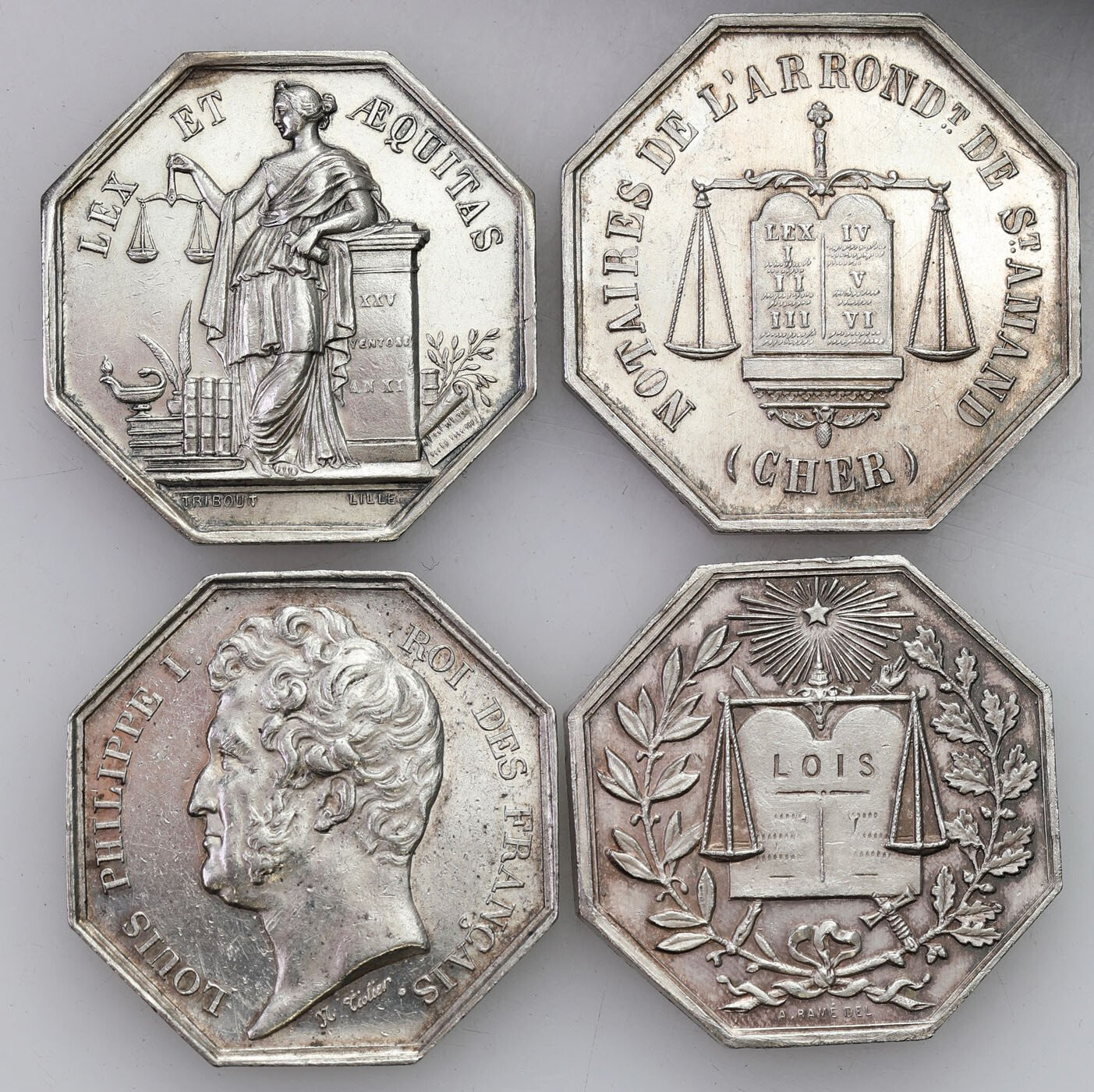 Francja. Medale – żetony ośmiokątne, zestaw 4 sztuk, srebro