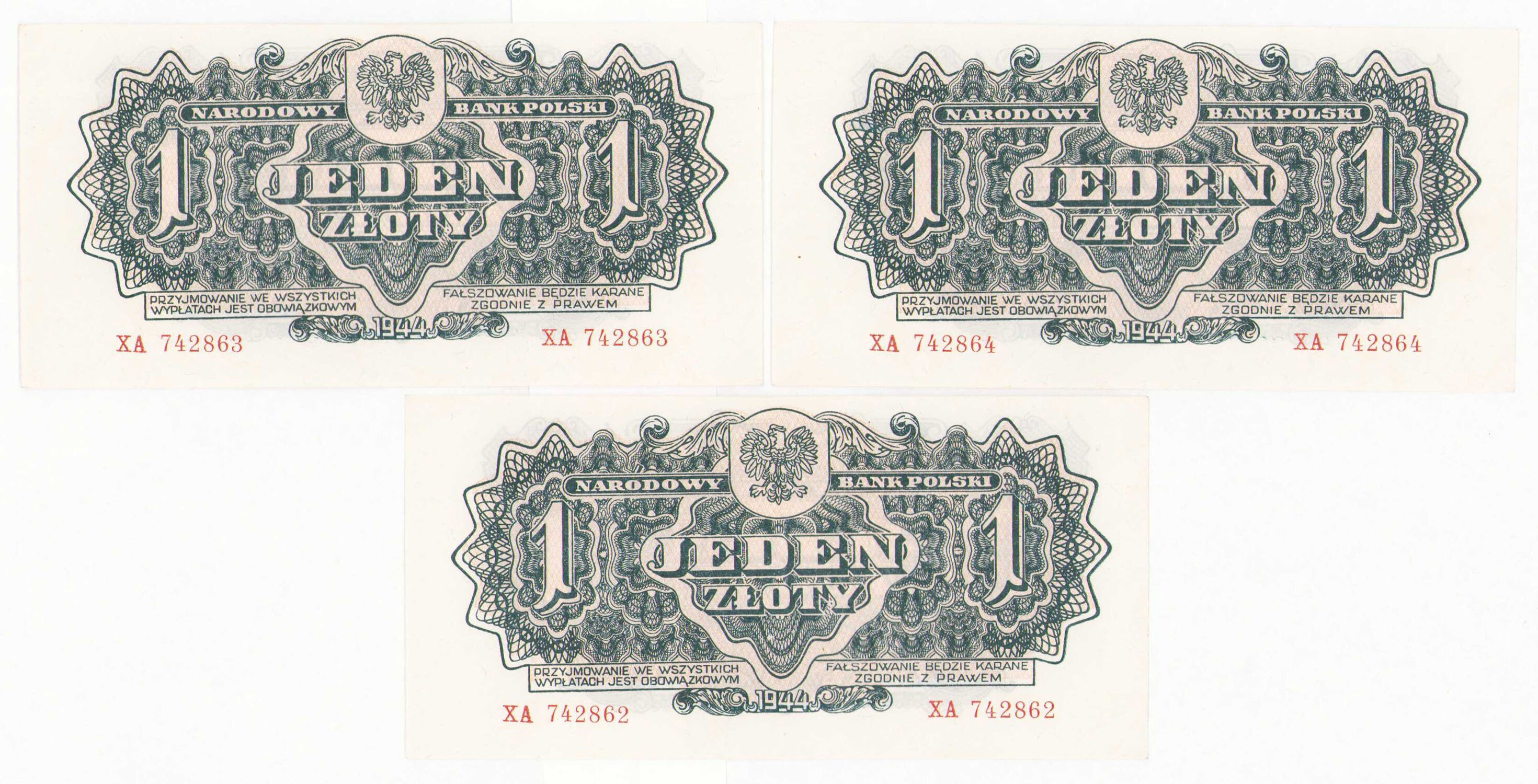 1 złoty 1944 seria XA - OBOWIĄZKOWYM - KOLEJNE NUMERY