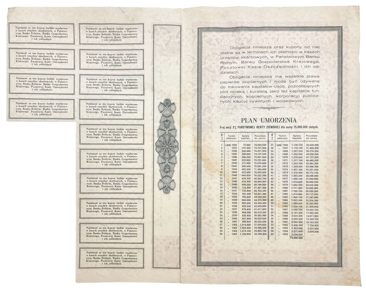 Obligacja 3 % Państwowej Renty Ziemskiej na 5.000 złotych w złocie 1925, Warszawa – RZADKA