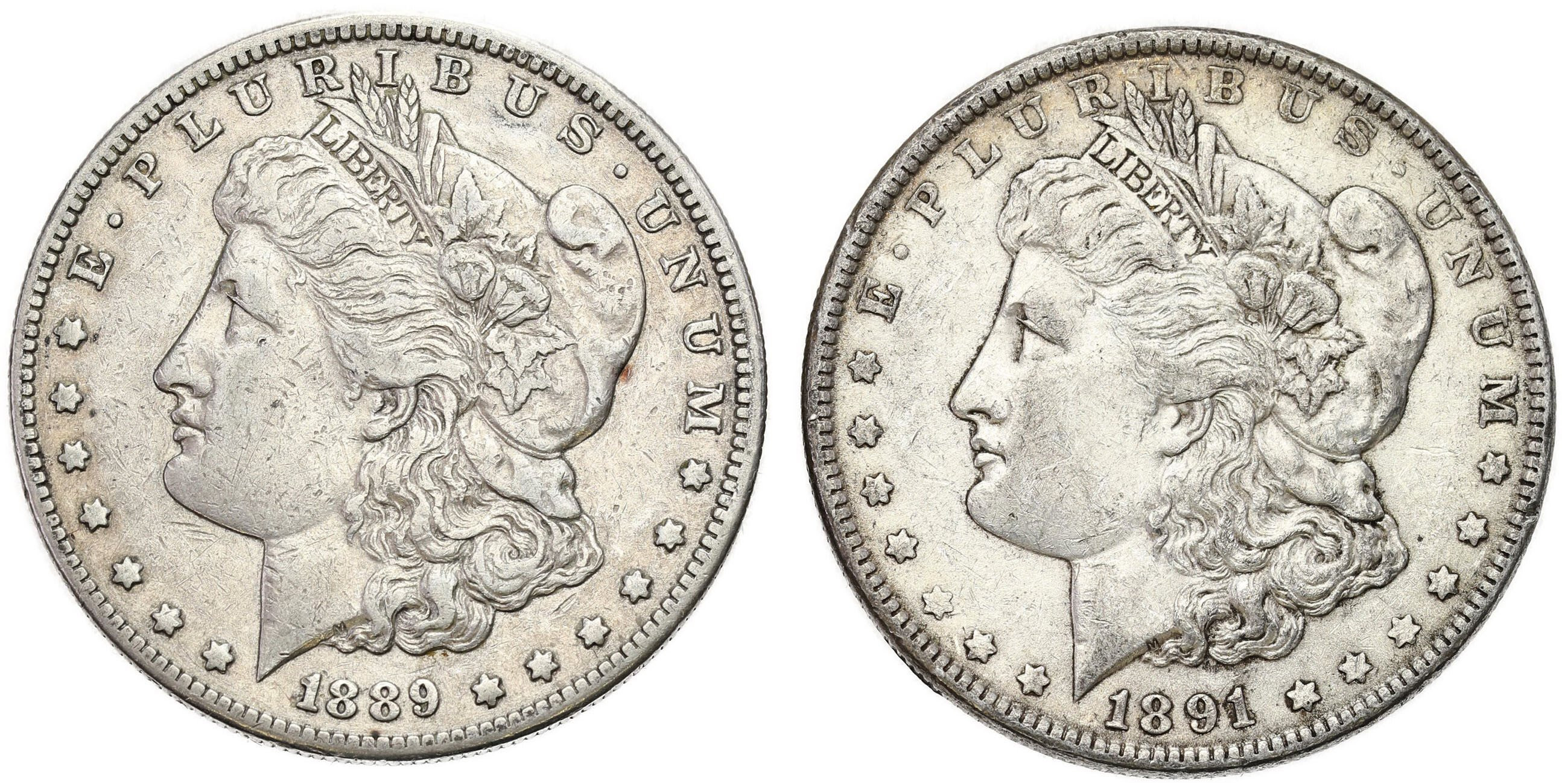 USA, Liberty 1 Dolar 1889 S San Francisco  + 1891 Filadelfia – zestaw 2 sztuk