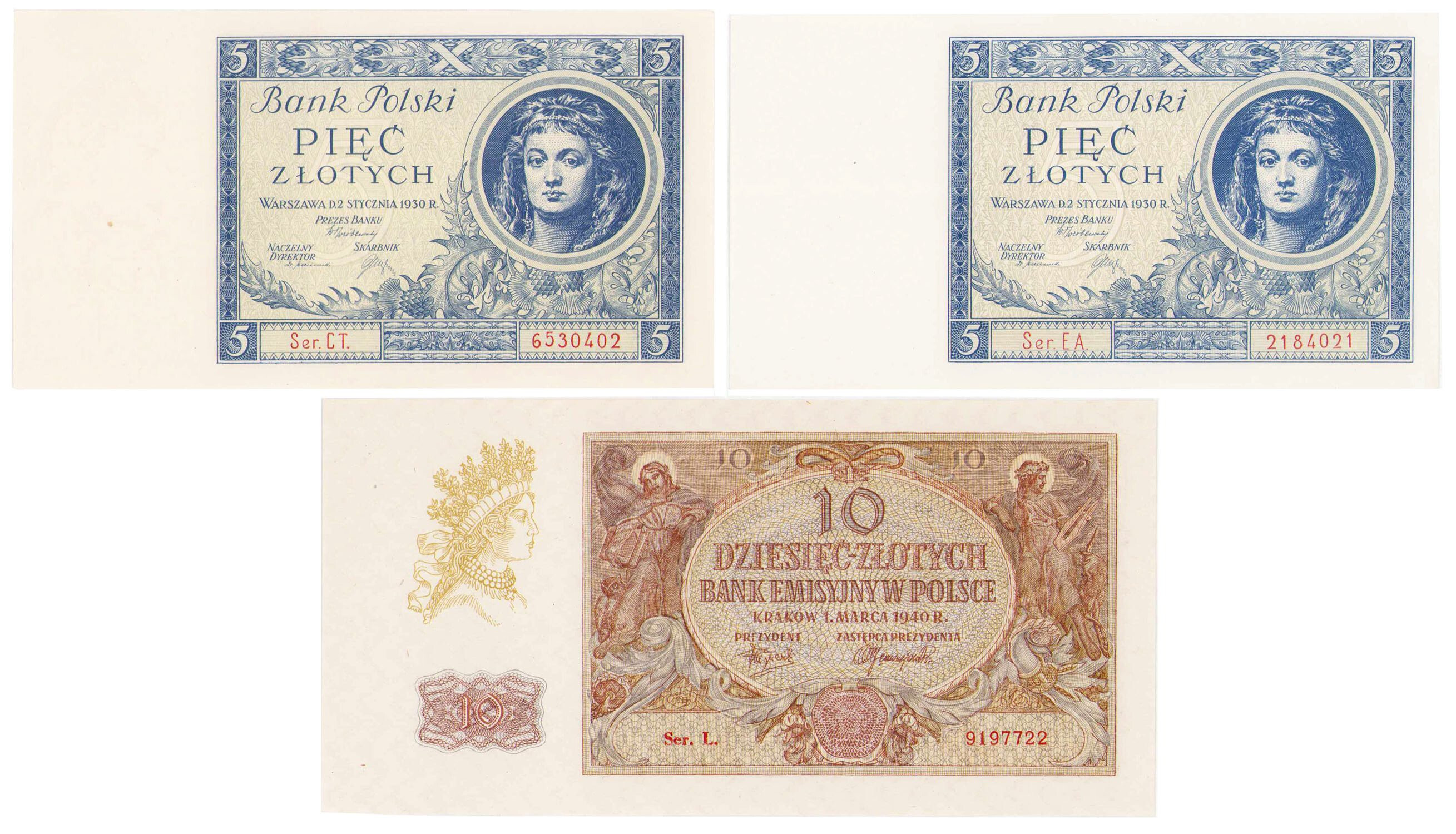 5 złotych 1930 seria CT, EA i 10 złotych 1940 seria L, zestaw 3 banknotów