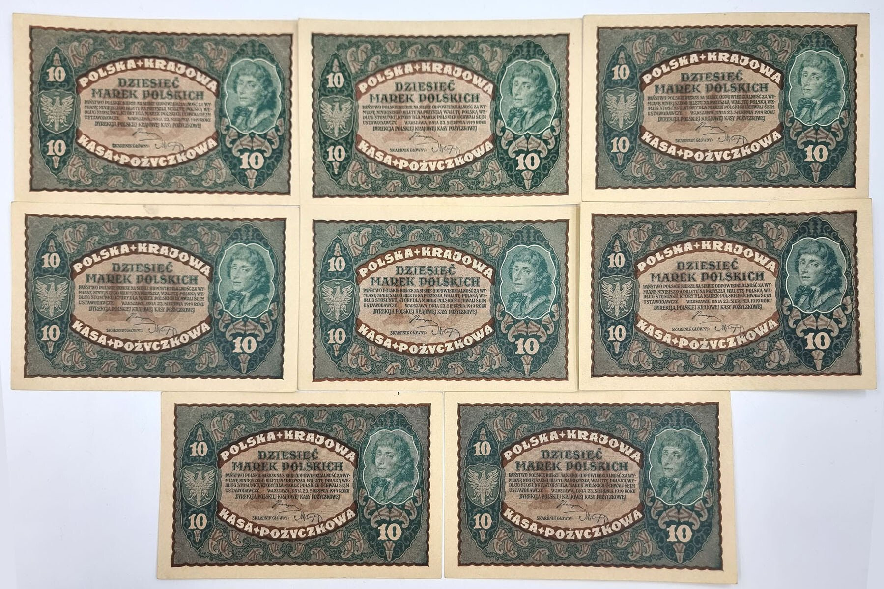 10 marek polskich 1919 RÓŻNE SERIE, zestaw 8 sztuk