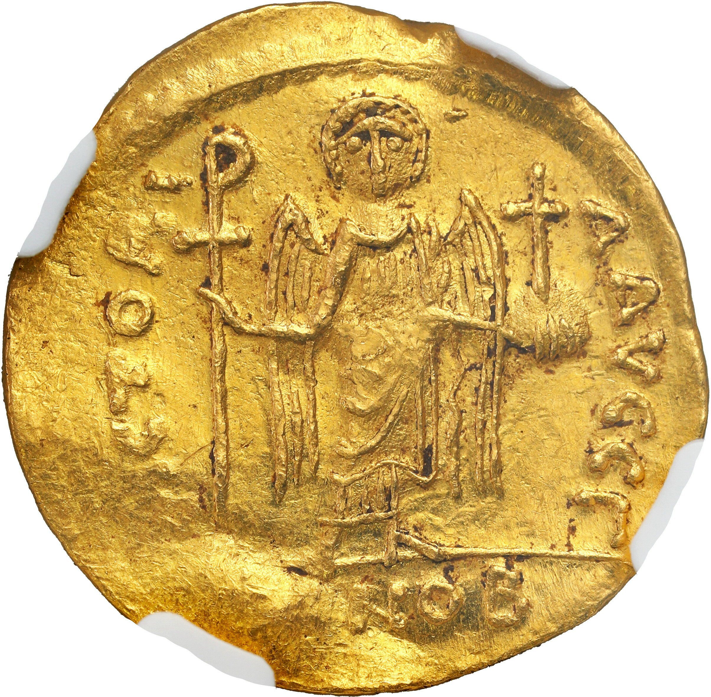 Bizancjum. Mauricius Tiberius (582-602). Solidus, Konstantynopol NGC AU 3/5 2/5
