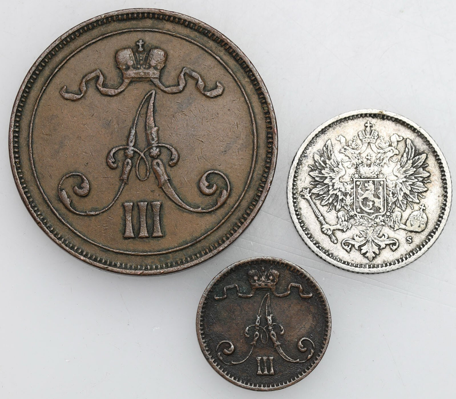 Rosja / Finlandia. Aleksander III. 1, 50 i 10 Pennia 1872-1891 – 3 sztuki