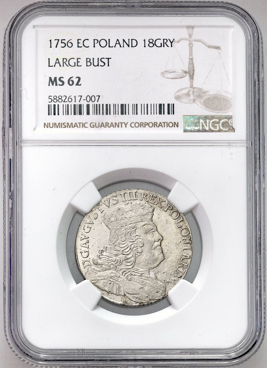 August III Sas. Ort (18 groszy) 1756 Lipsk NGC MS62 – PIĘKNY