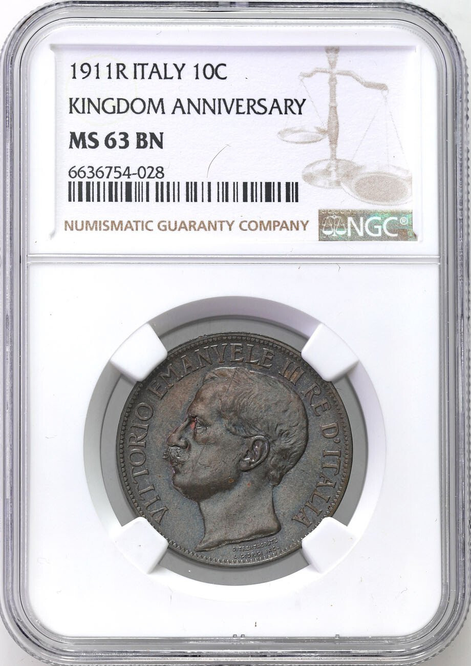 Włochy, Wiktor Emanuel III. 10 centymów 1911, Rzym NGC MS63 