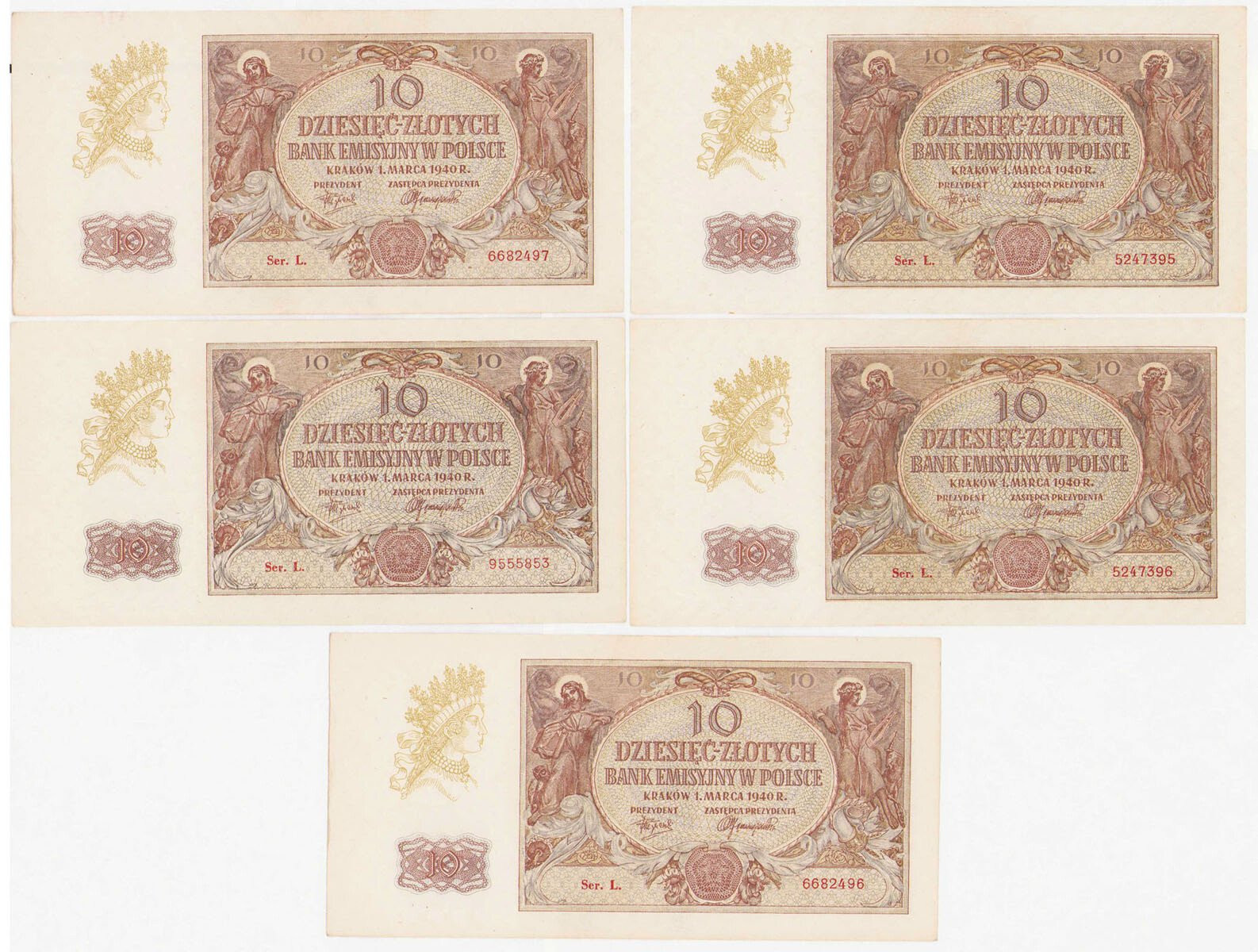10 złotych 1940 seria L, zestaw 5 sztuk