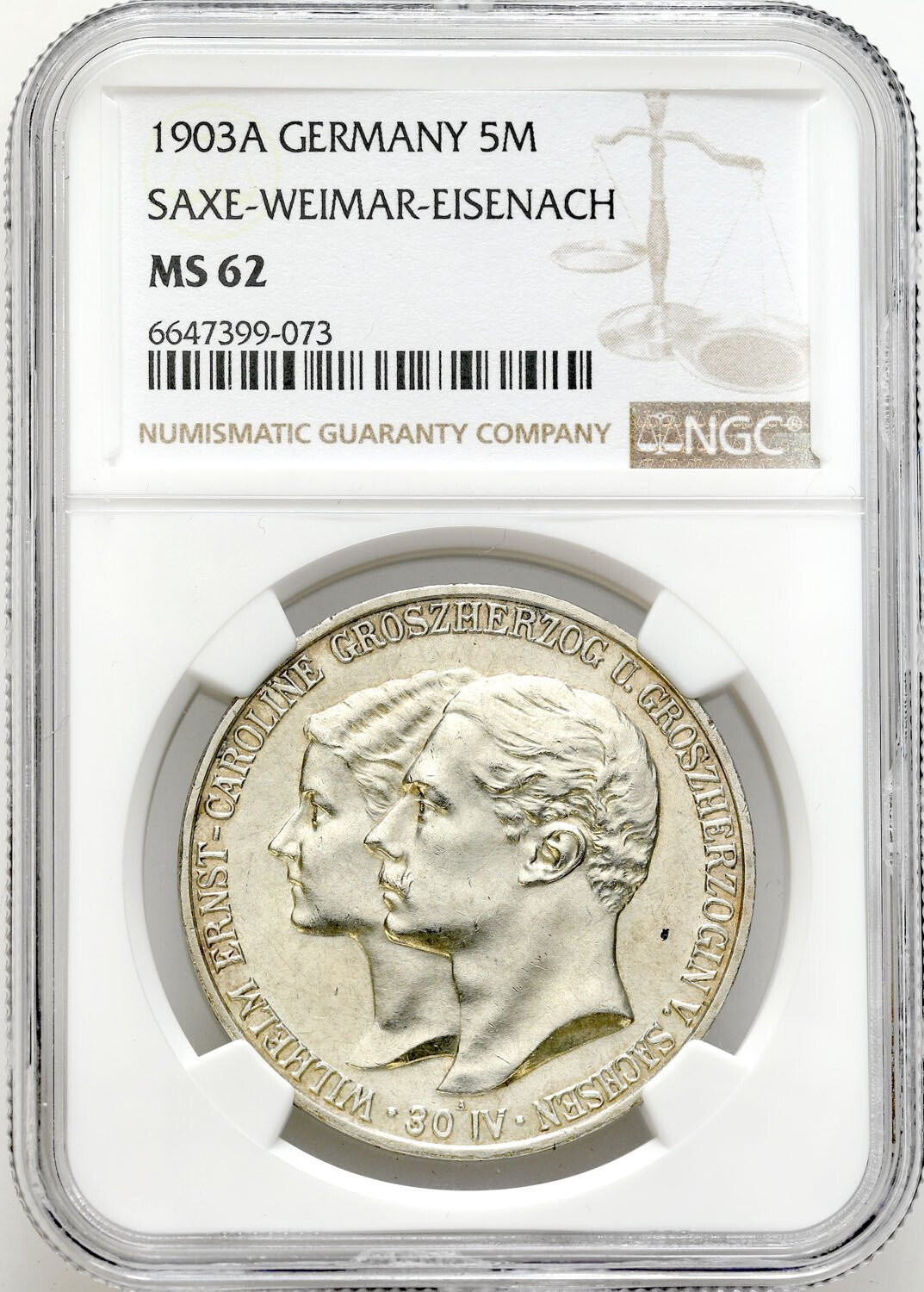 Niemcy, Saksonia-Weimar-Eisenach. Wilhelm Ernest (1901–1918). 5 marek 1903 A, Berlin NGC MS62 - PIĘKNE
