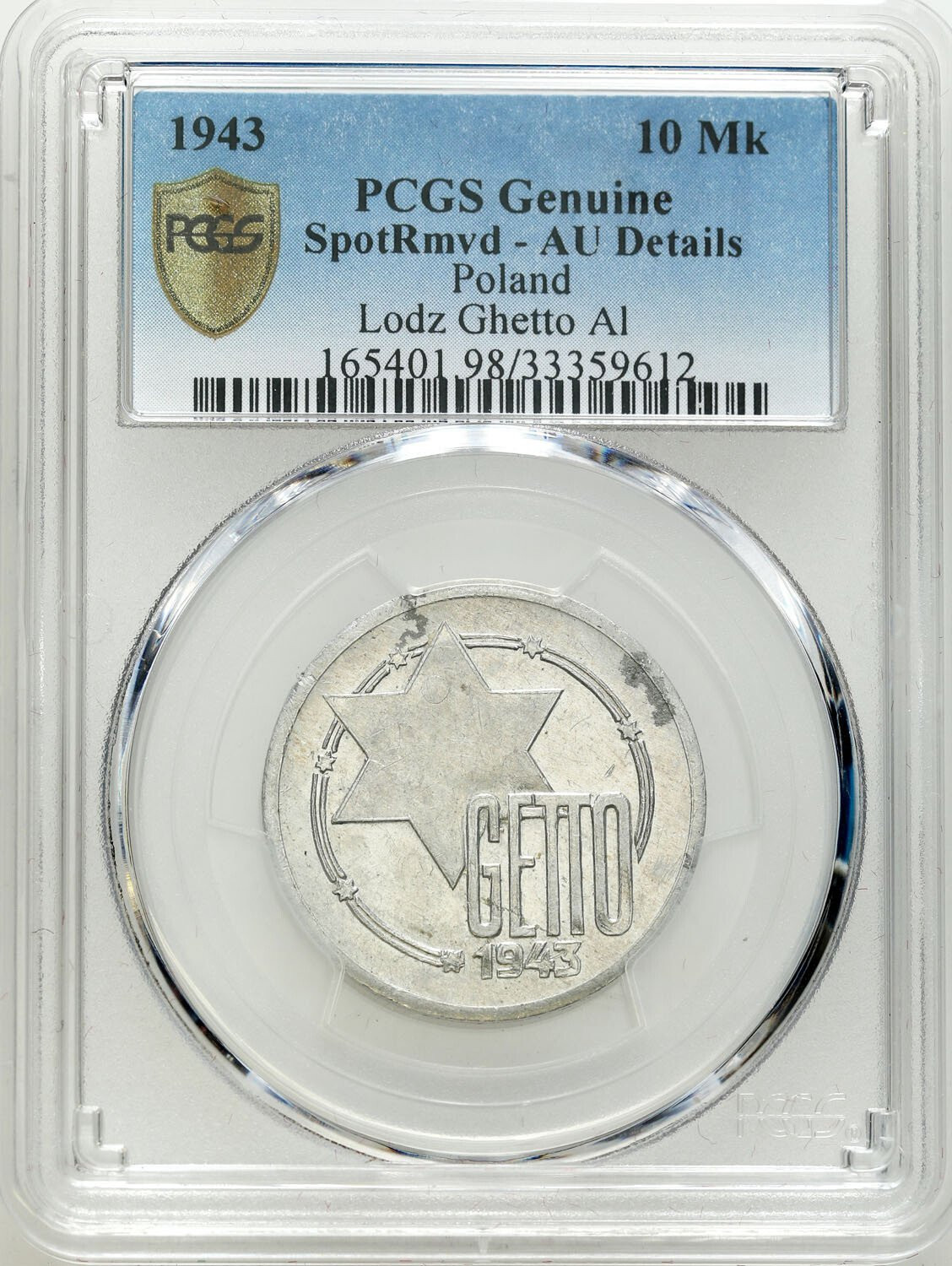 Getto Łódź. 10 marek 1943 Getto aluminium PCGS AU - PIĘKNE