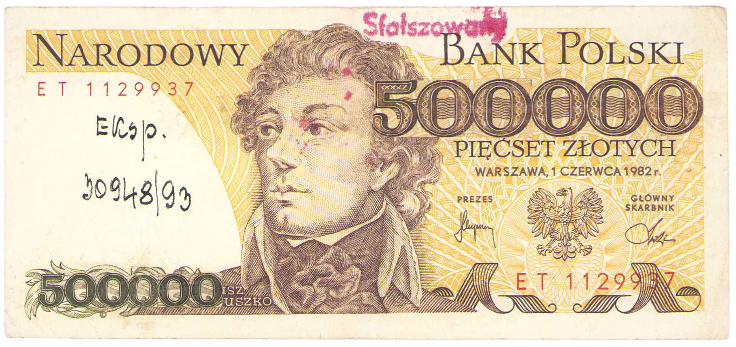 500 złotych sfałszowane na 500.000 złotych - Fałszerstwo