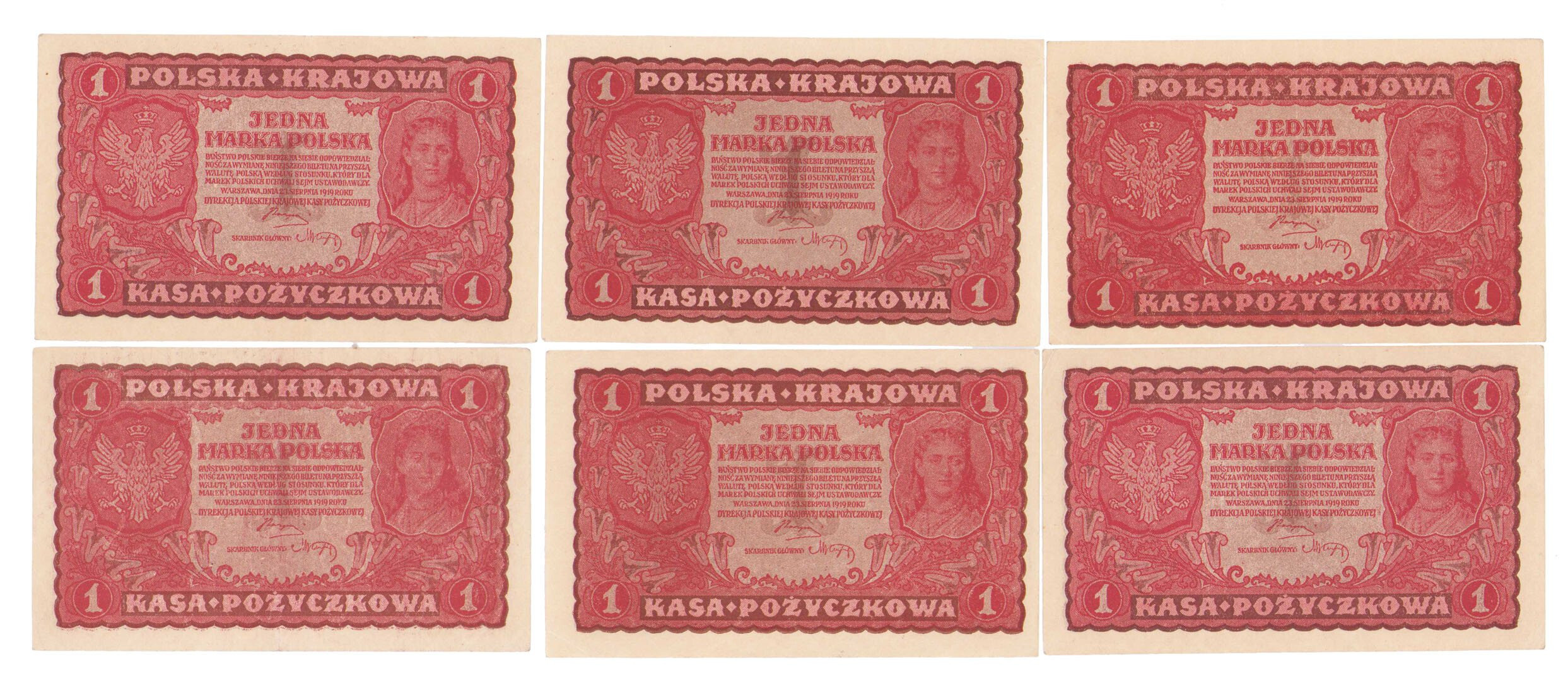 1 marka polska 1919 – zestaw 6 banknotów