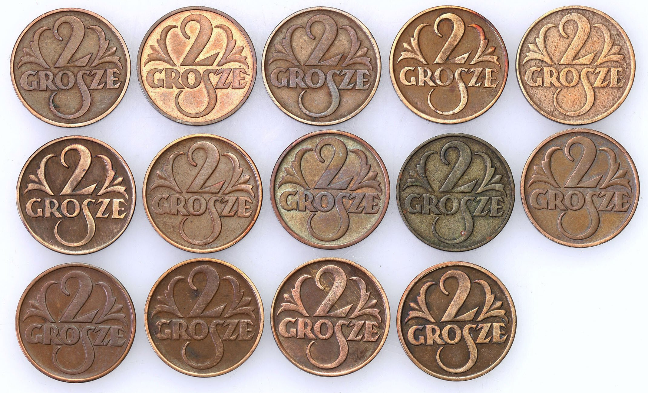II RP. 2 grosze 1923-1939, zestaw 14 monet