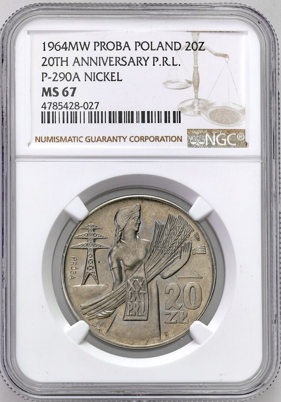 PRL. PRÓBA Nikiel 20 złotych 1964 – kobieta ze zbożem NGC MS67 (MAX)