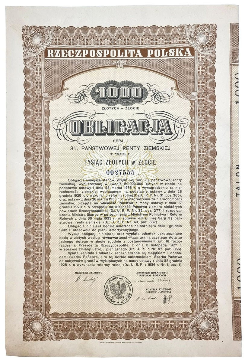 Obligacja 3 % Państwowej Renty Ziemskiej na 1.000 złotych w złocie 1933, Warszawa – RZADKA