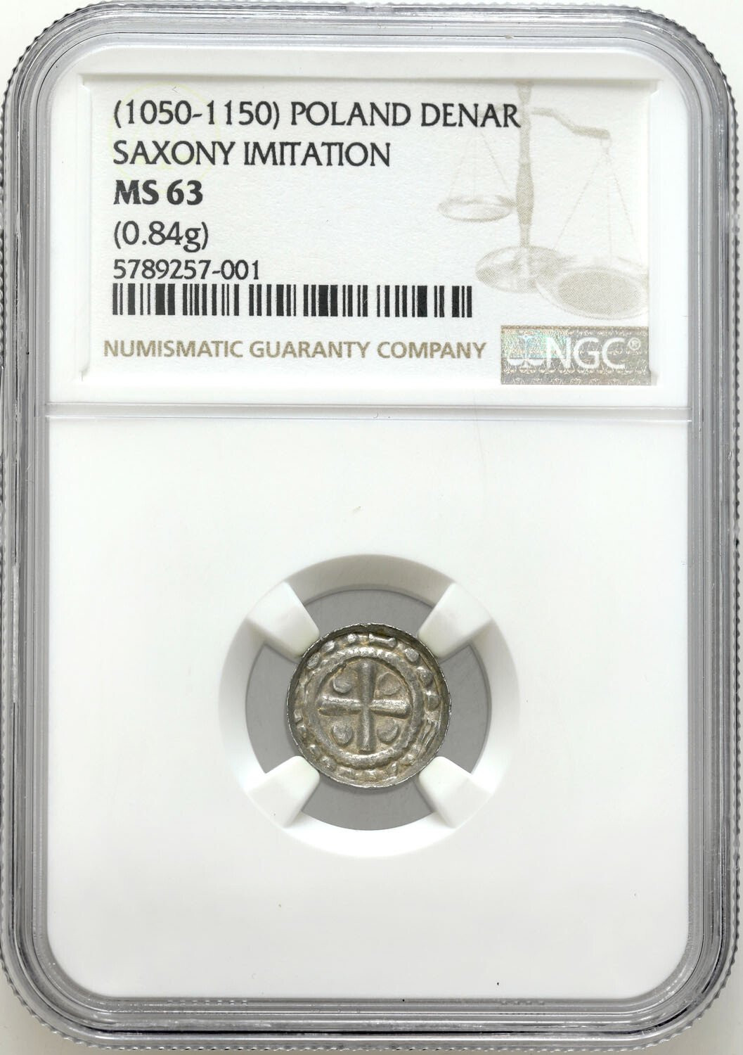 Zbigniew (1102-1107) (najstarszy syn Władysława Hermana). Denar krzyżowy po 1097 NGC MS63 (MAX) - PIĘKNY