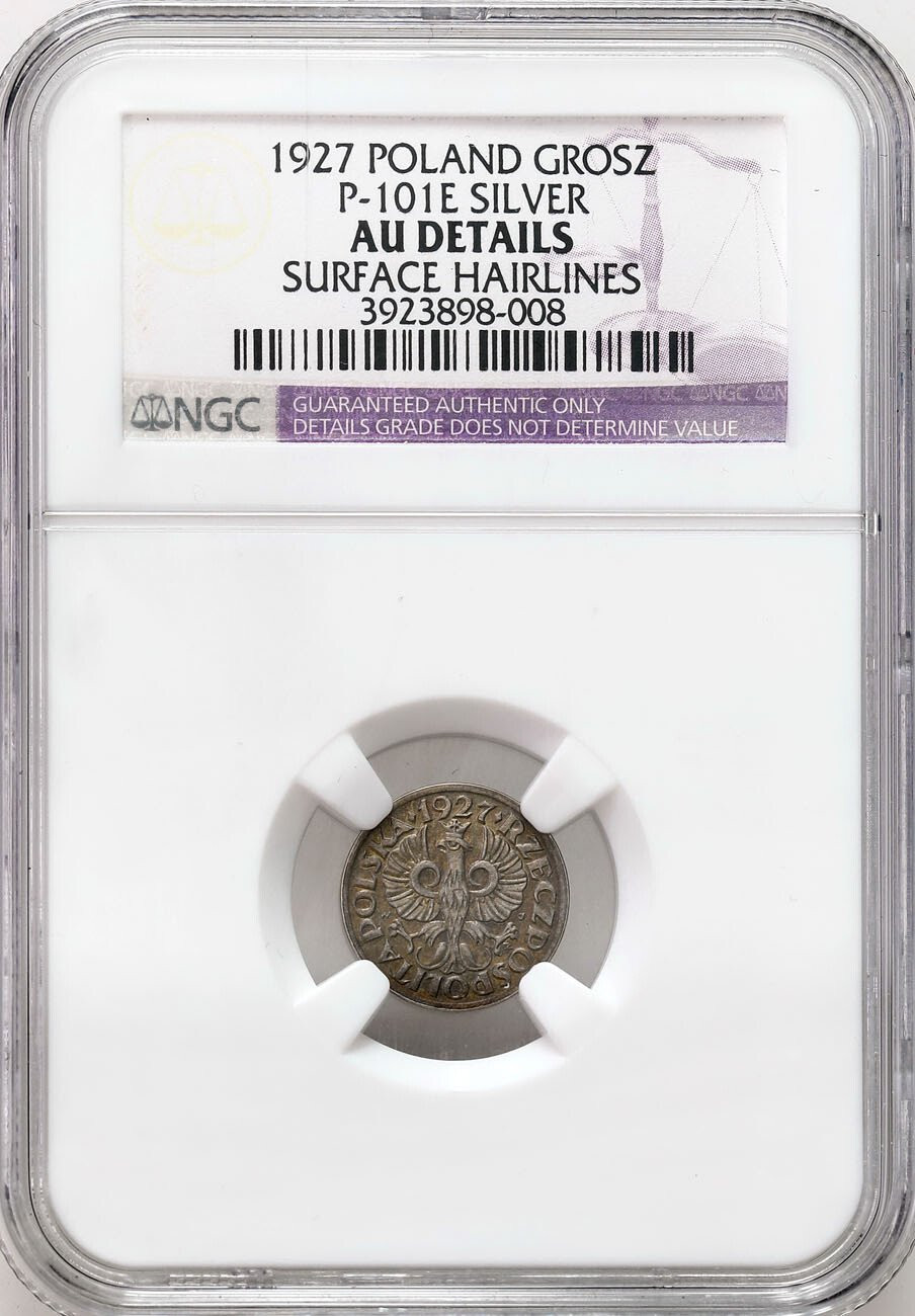 II RP. PRÓBA srebro 1 grosz 1927, bez napisu PRÓBA, NGC AU