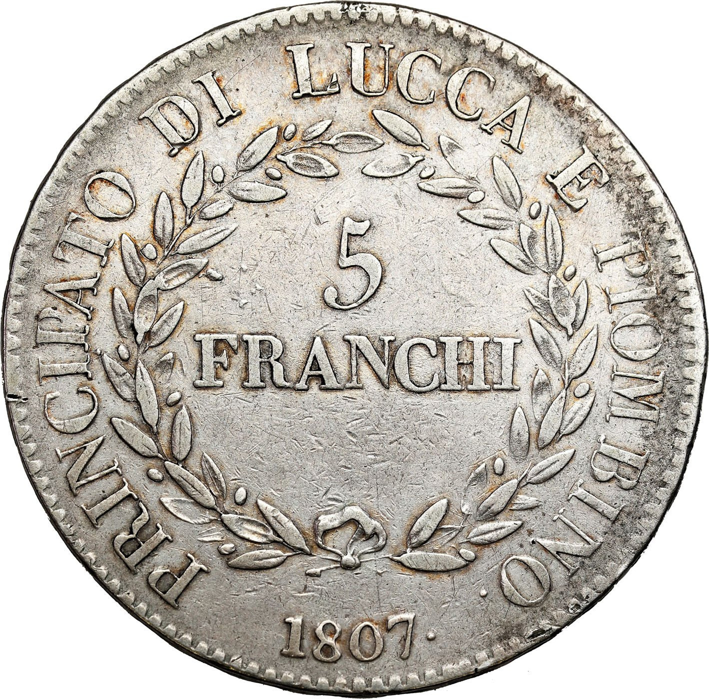 Włochy. Feliks Baiocchi i Eliza Bonaparte (1805–1814). 5 franków 1807 - RZADKIE