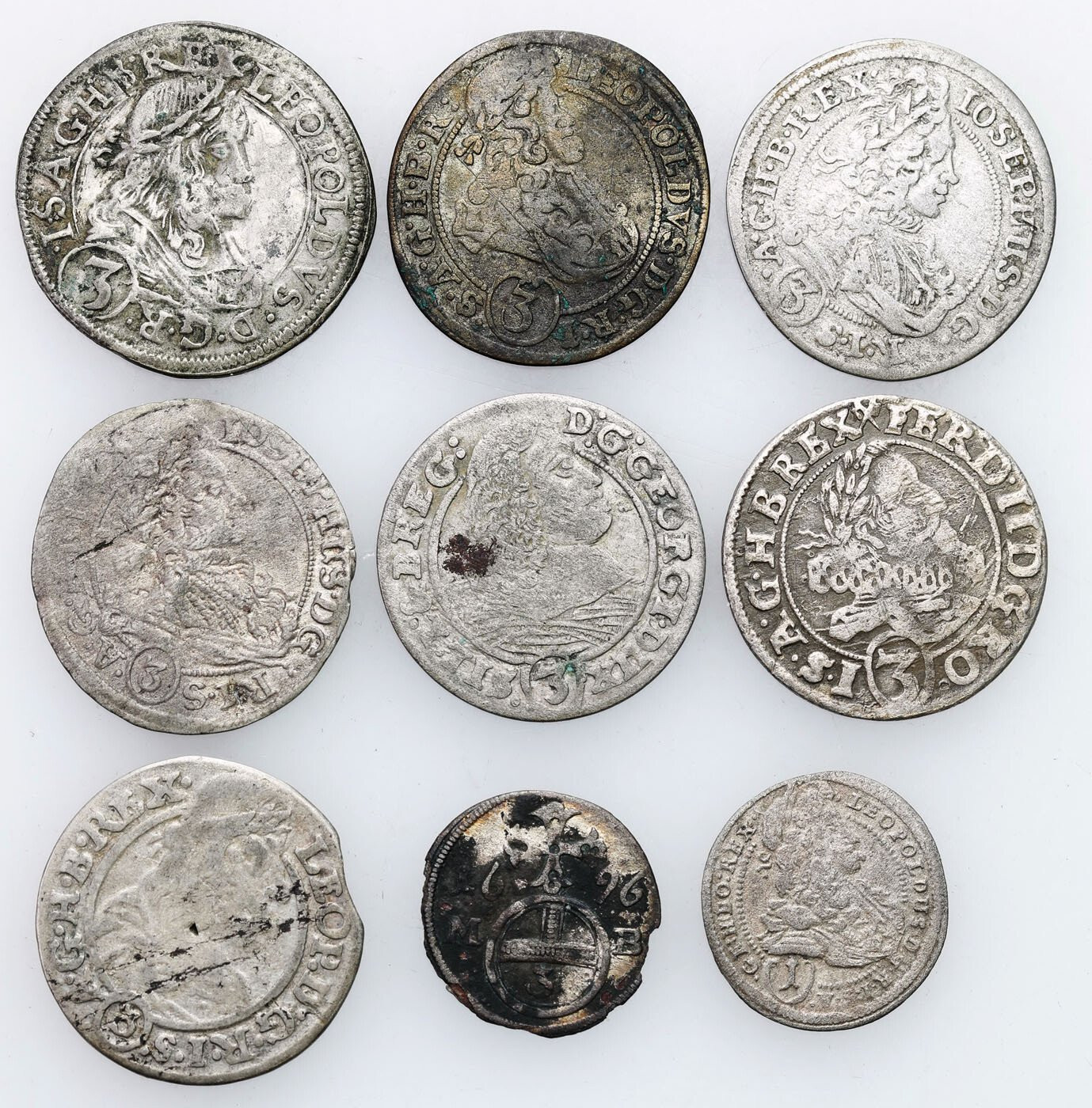 Śląsk, Austria. Greszel 1696, 1 - 3 krajcary 1617- 1708, zestaw 9 monet