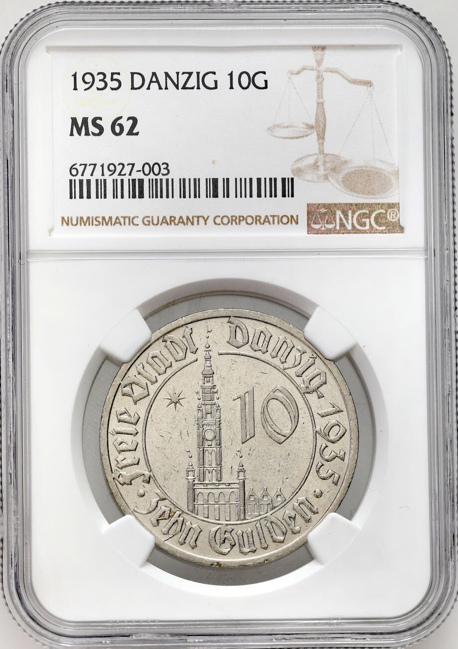 Wolne Miasto Gdańsk / Danzig. 10 Guldenów 1935 Ratusz NGC MS62 – RZADKIE