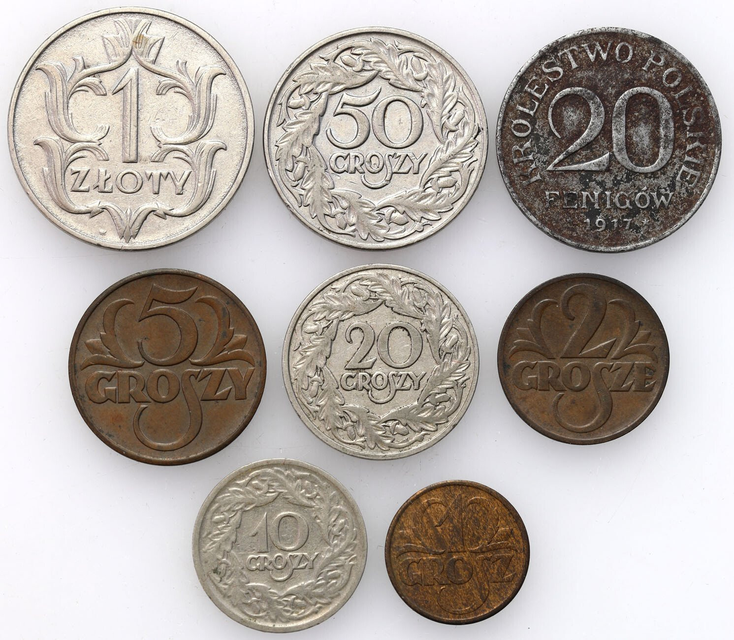 II RP. 1 grosz do 1 złoty i 20 fenigów 1917-1939, zestaw 8 monet