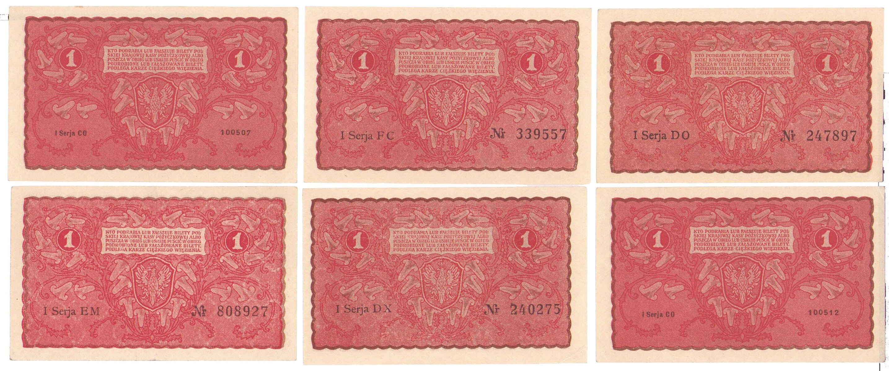 1 marka polska 1919, zestaw 6 banknotów