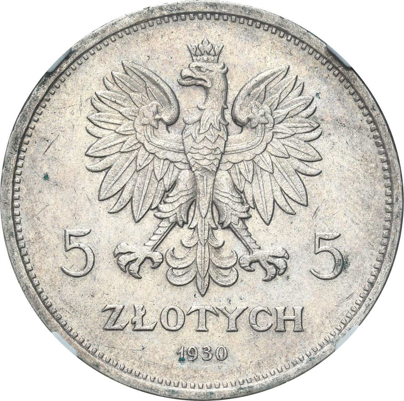 II. RP. 5 złotych 1930 Sztandar STEMPEL GŁĘBOKI NGC MS61 - RZADKOŚĆ