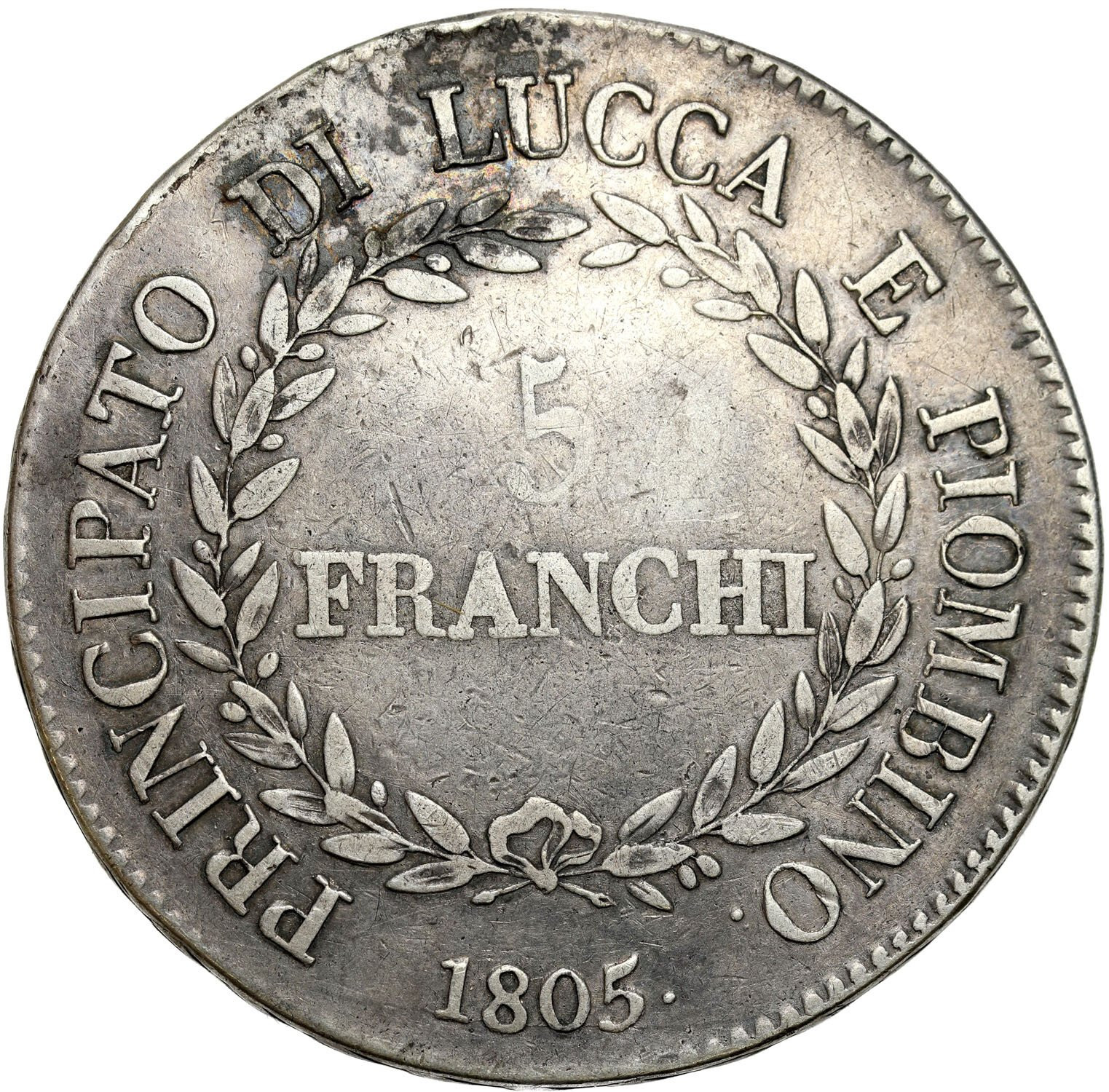 Włochy. Feliks Baiocchi i Eliza Bonaparte (1805-1814). 5 franchi 1805, Florencja – RZADKIE
