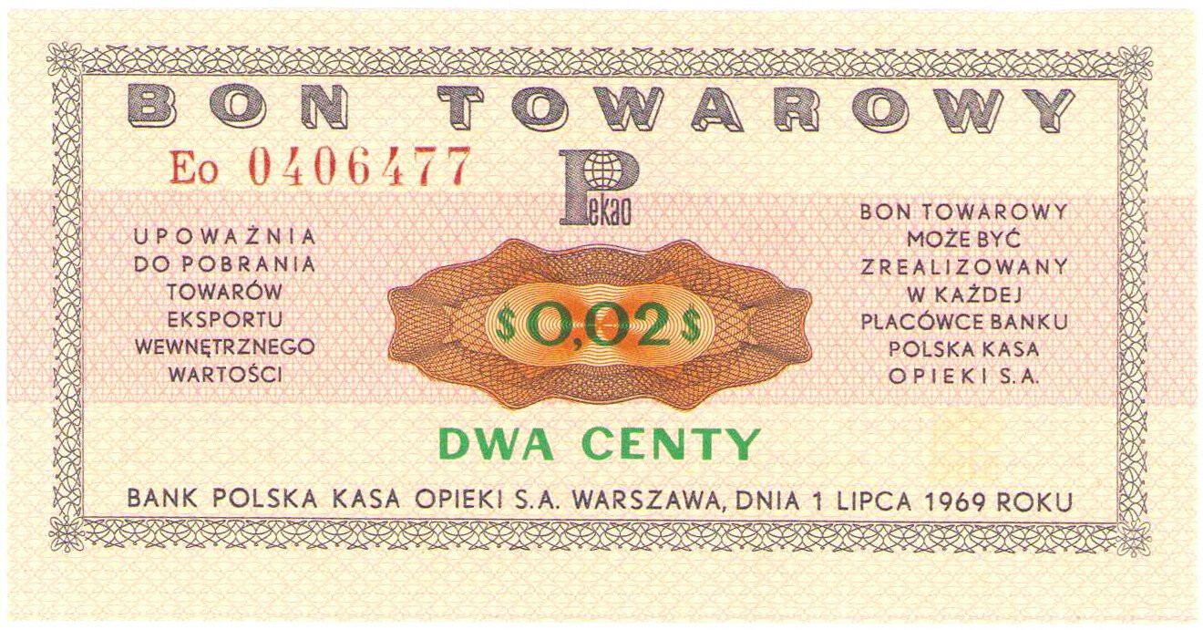 Bank PEKAO S.A. Bon na 2 centy 1969 seria Eo – PIĘKNE