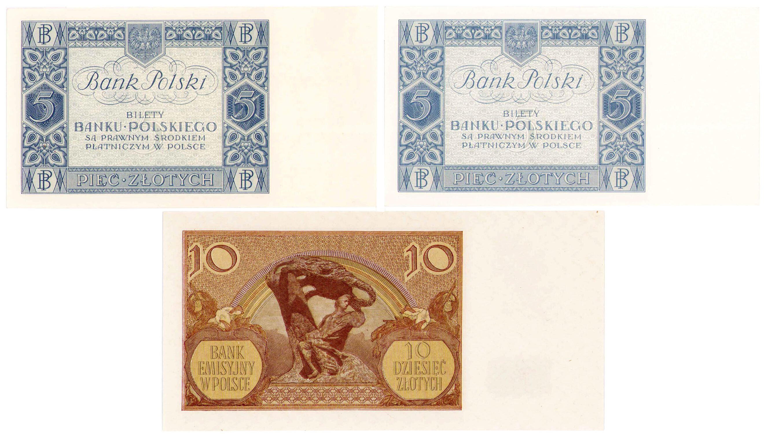 5 złotych 1930 seria CT, EA i 10 złotych 1940 seria L, zestaw 3 banknotów
