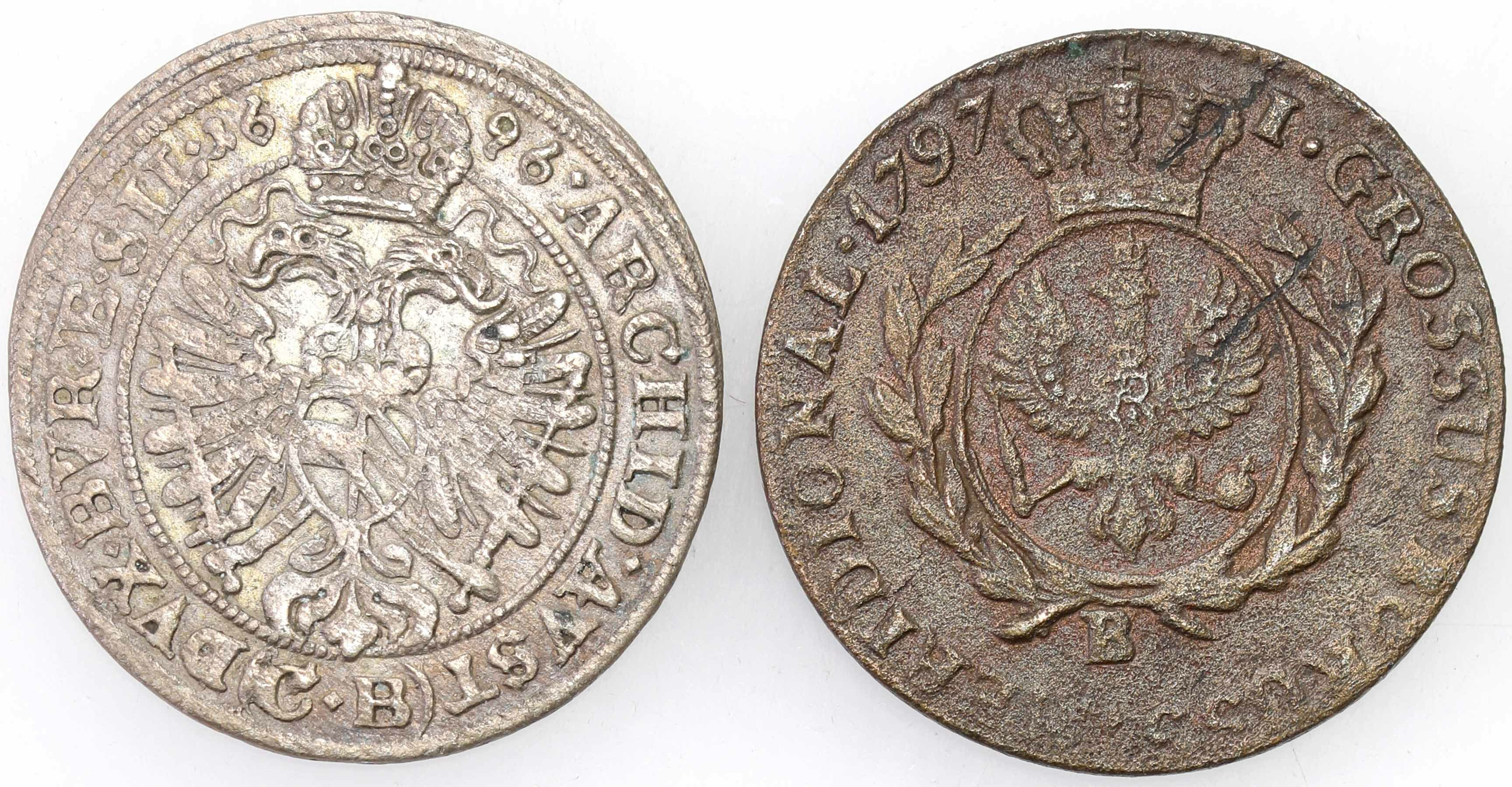 Zabór pruski. Fryderyk Wilhelm II -  grosz 1797 B, Wrocław i Śląsk Leopold I - 3 krajcary 1696 CB, Brzeg