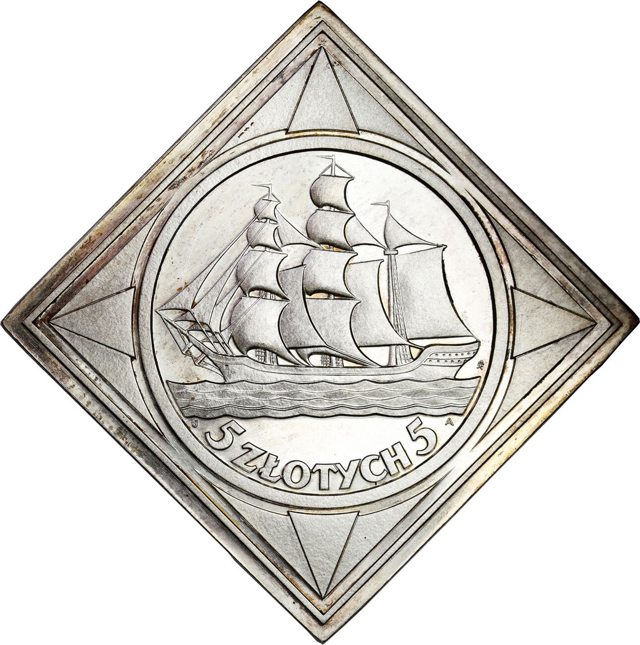 II RP. PRÓBA srebro KLIPA 5 złotych 1936 żaglowiec - STEMPEL LUSTRZANY