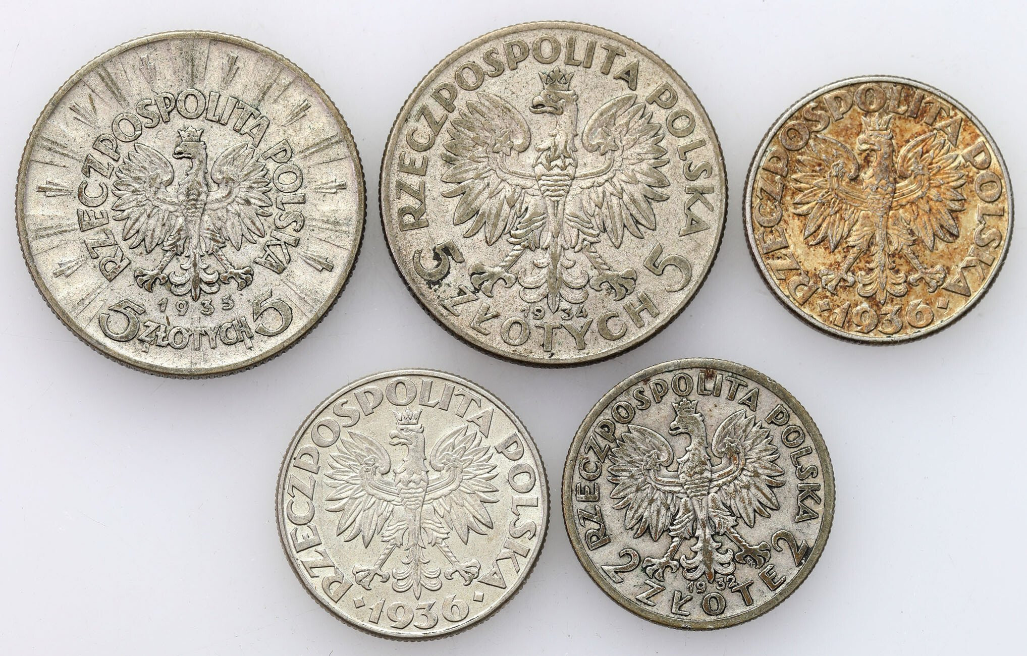 II RP. 2-5 złotych 1932-1936, Głowa Kobiety, Piłsudski, Żaglowiec, zestaw 5 sztuk