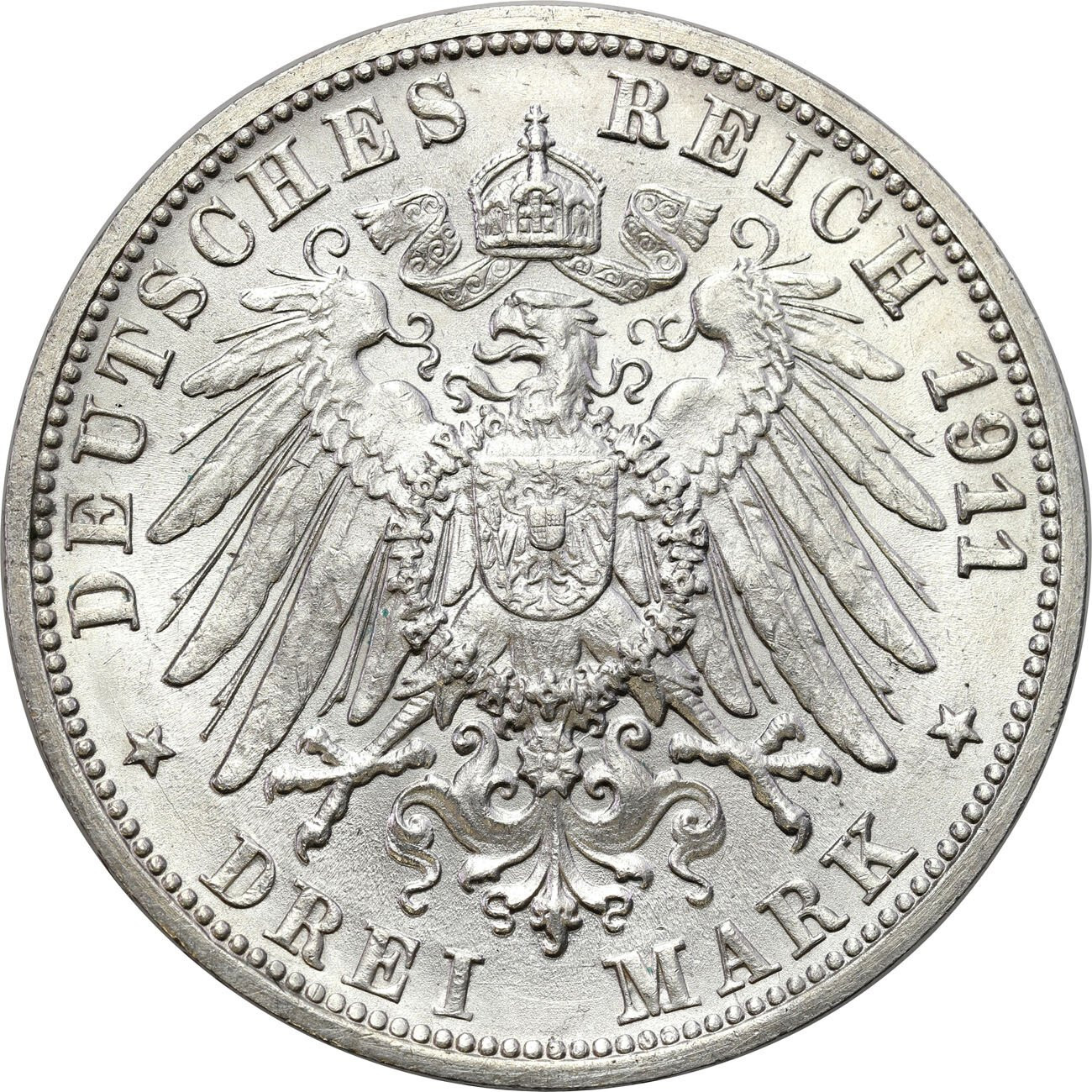Niemcy, Wirtembergia. 3 marki 1911 F, Stuttgart – PIĘKNE