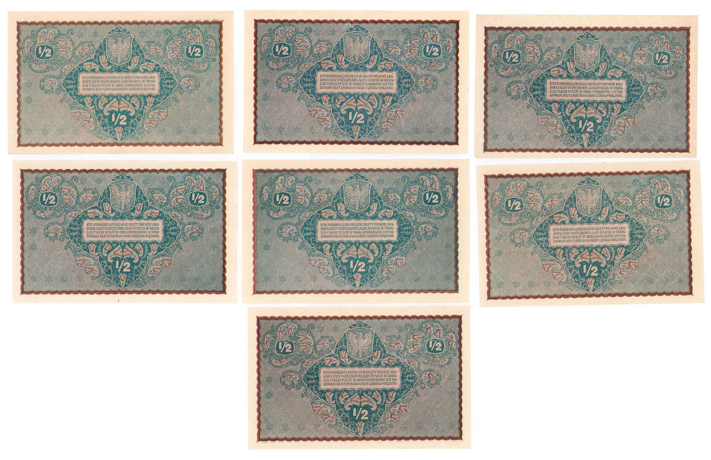 1/2 marki polskiej 1920, zestaw 7 banknotów