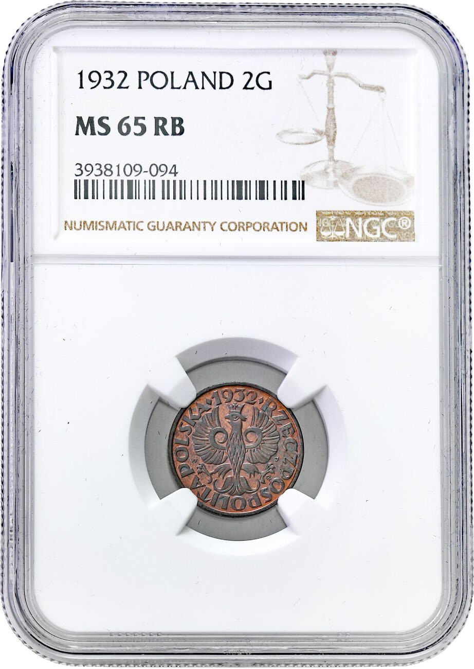 II RP. 2 grosze 1932 NGC MS65 RB (MAX) - WYŚMIENITY