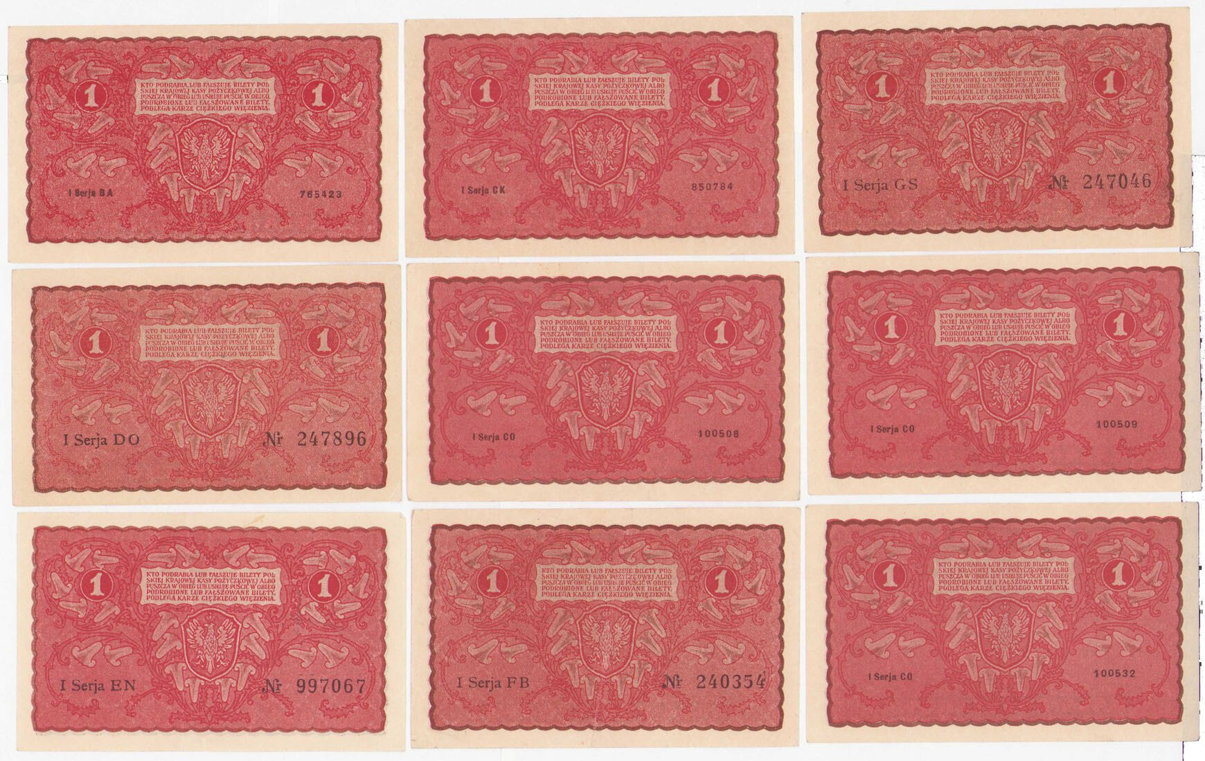 1 marka polska 1919 – zestaw 9 banknotów
