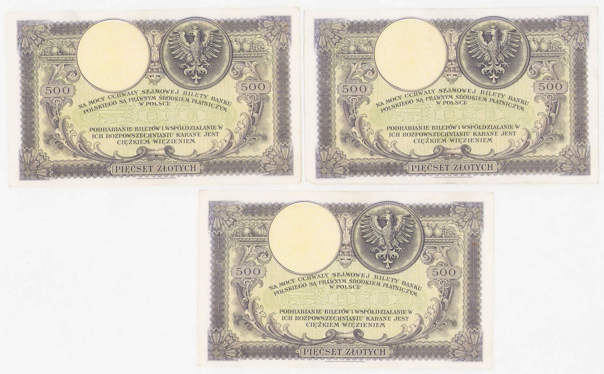 500 złotych 1919 seria A, zestaw 3 sztuk