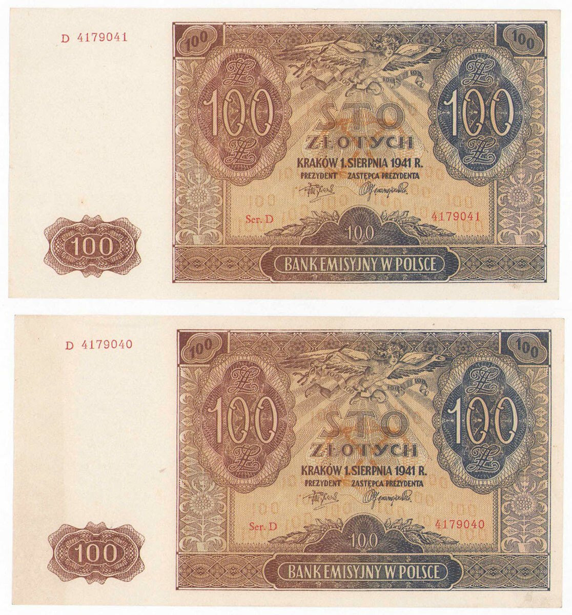 100 złotych 1941 seria D - KOLEJNE NUMERY