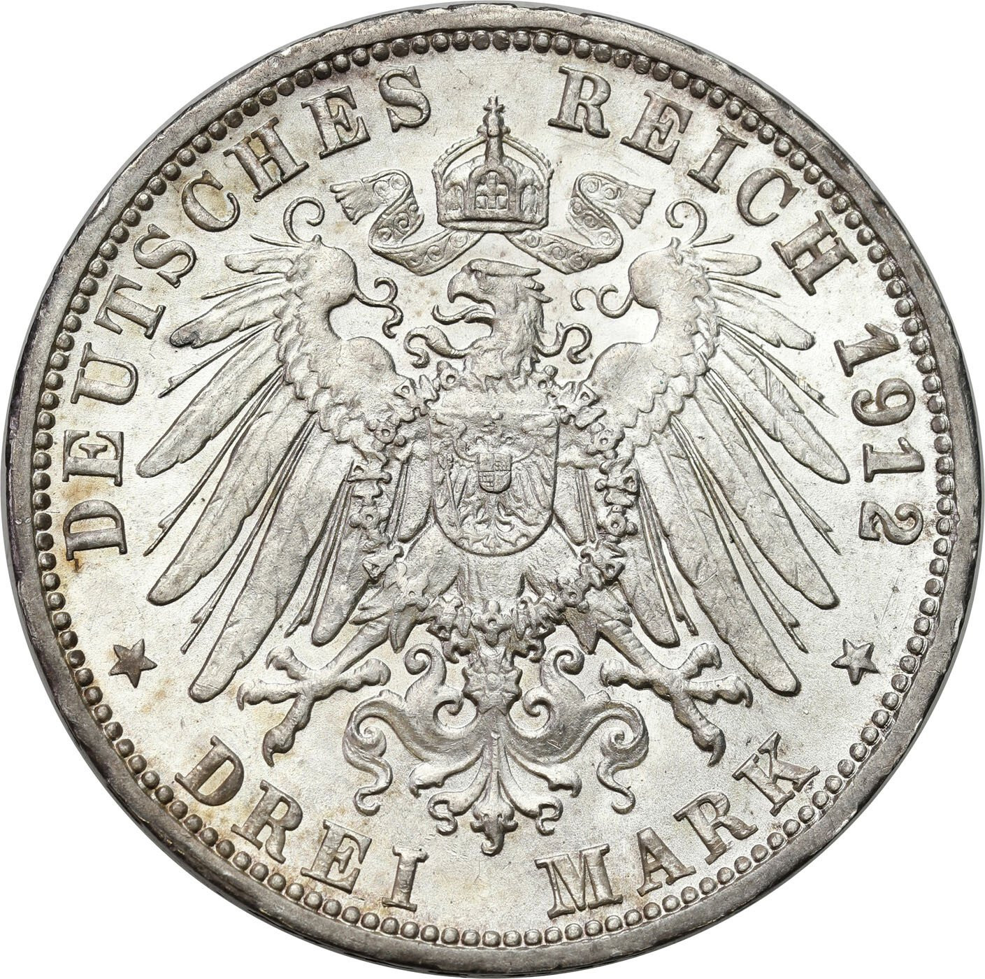 Niemcy, Wirtembergia. 3 marki 1912 F, Stuttgart - PIĘKNE