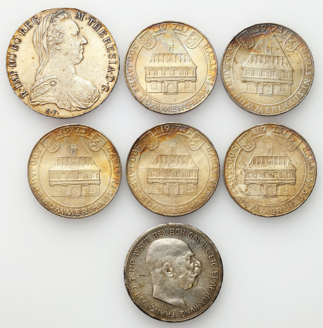 Austria. 5 koron, talar, 50 szylingów, zestaw 7 monet, srebro