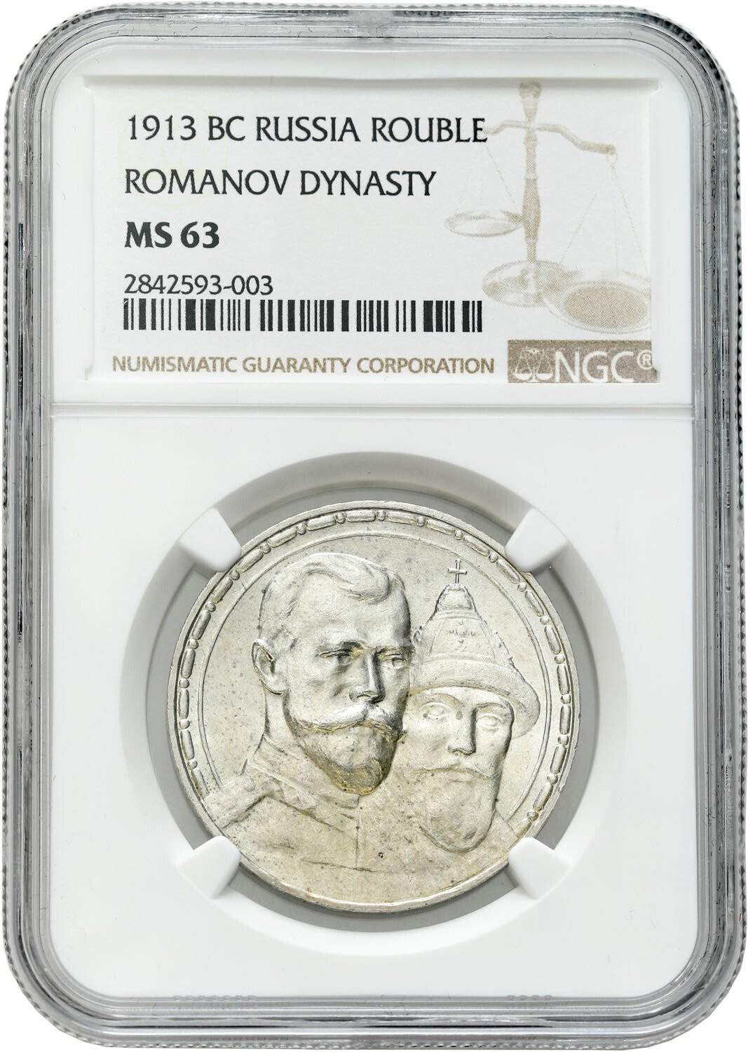 Rosja. Mikołaj II. Rubel 1913, Petersburg (stempel głęboki) - 300-lecie Dynastii Romanowów NGC MS63 - PIĘKNY
