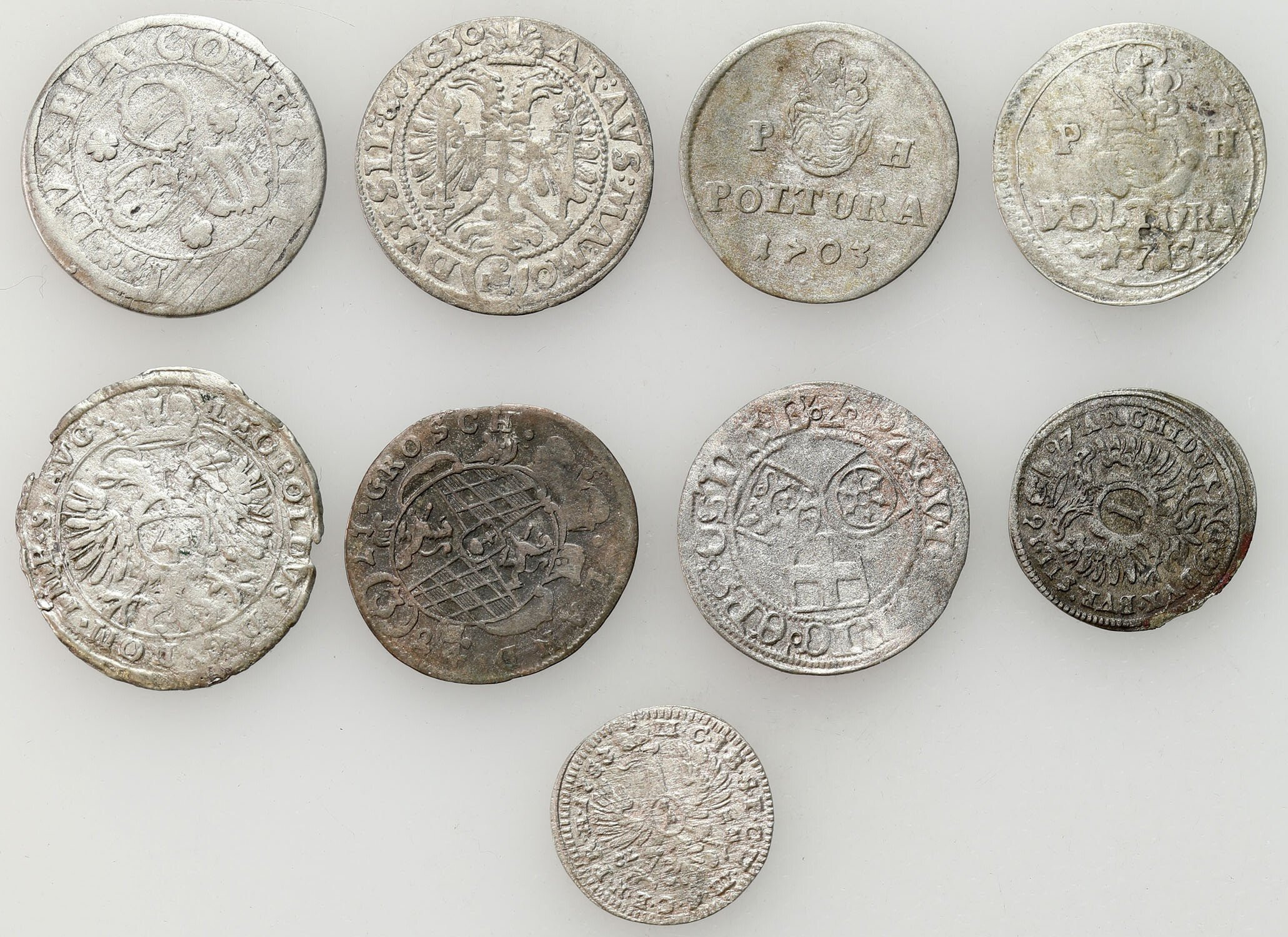 Austria, Niemcy, Śląsk, Węgry. 1 do 4 krajcarów, polrura, zestaw 9 monet, srebro