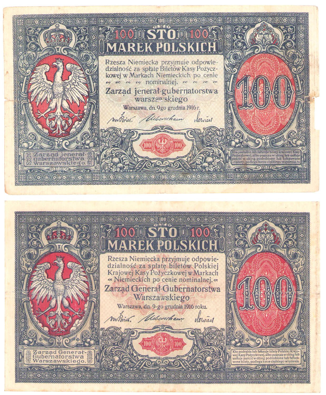 100 marek polskich 1916 seria A, Generał i jenerał, zestaw 2 sztuk