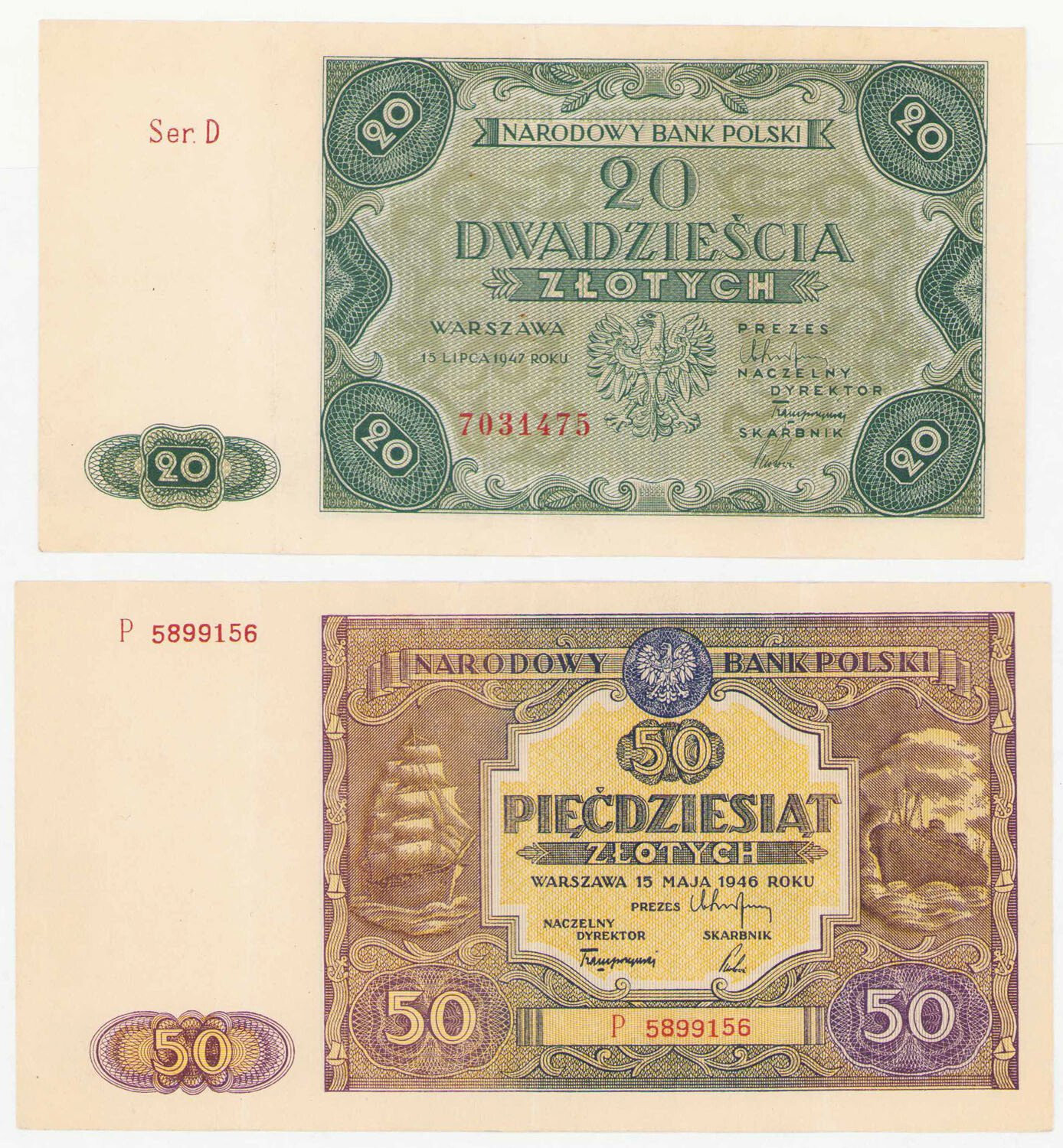 20 złotych 1946 seria D i 50 złotych 1946 seria P