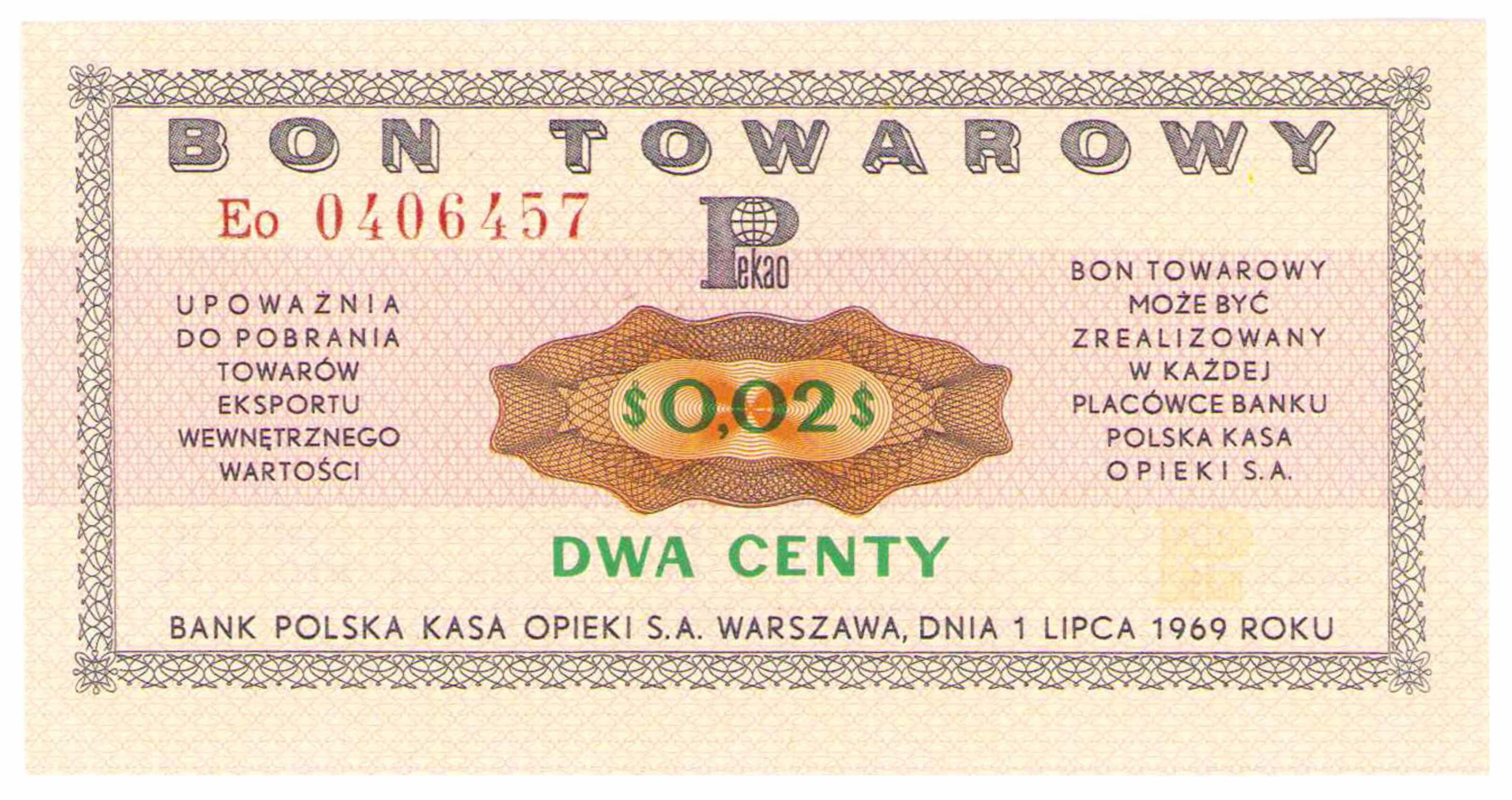 Bon towarowy PEKAO na 2 centy 1969 seria Eo - PIĘKNY