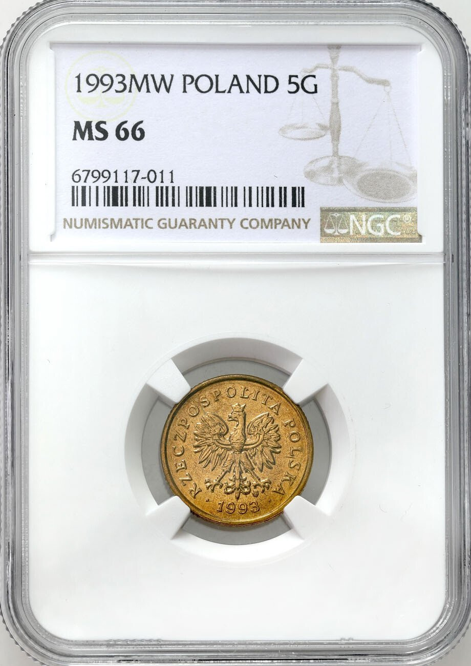 III RP. 5 groszy 1993 NGC MS66 – PIĘKNE