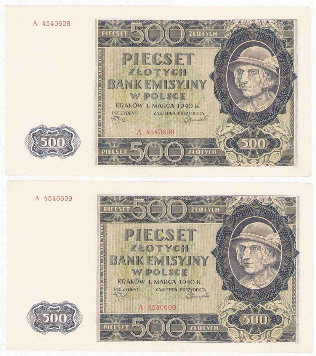 500 złotych 1940 - seria A, KOLEJNE NUMERY, 2 sztuk