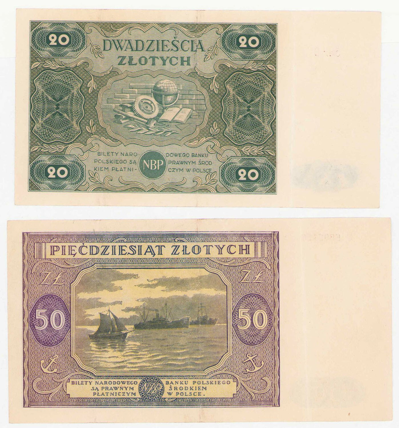 20 złotych 1946 seria D i 50 złotych 1946 seria P