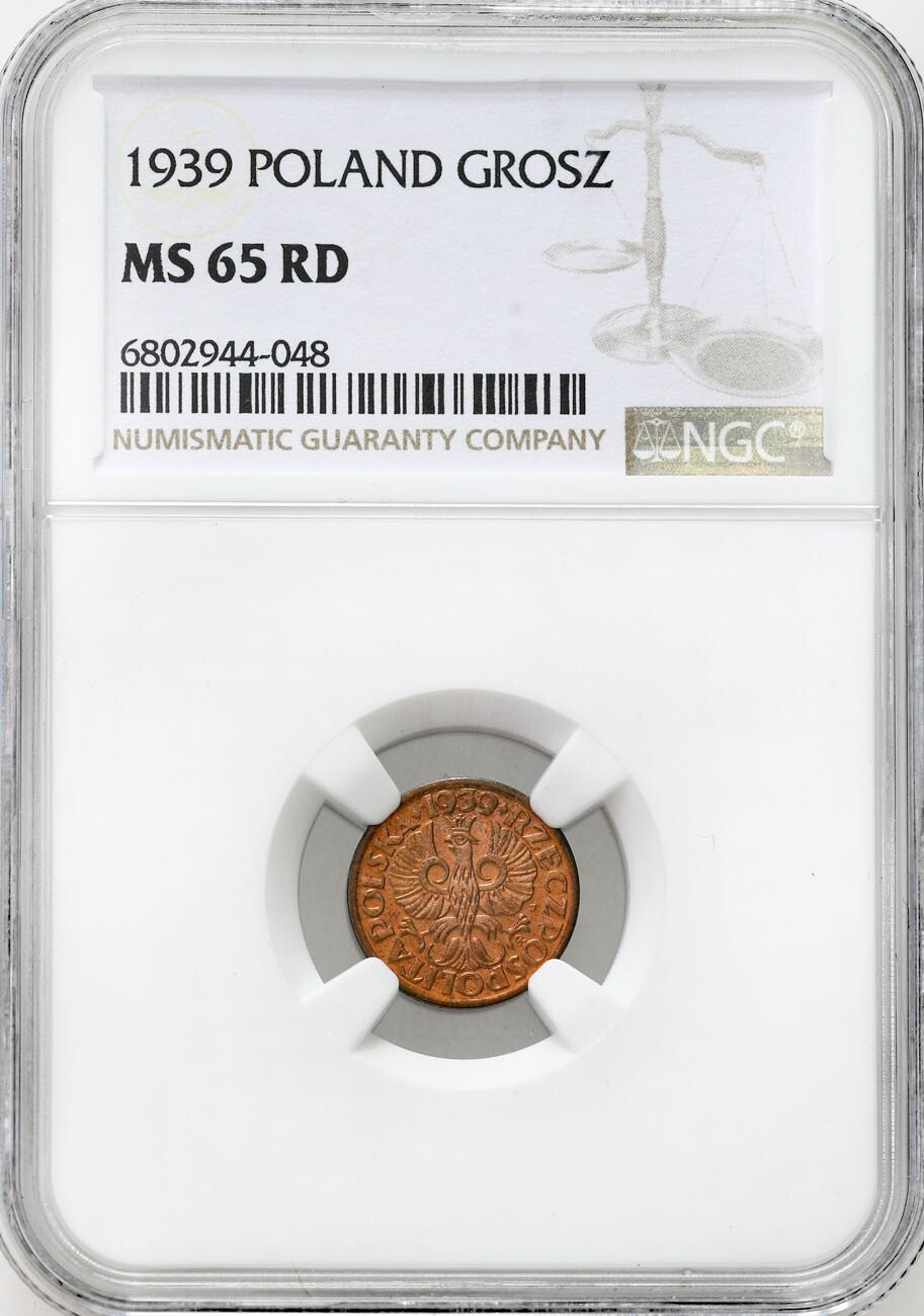 II RP. 1 grosz 1939 NGC MS65 RD  – PIĘKNY